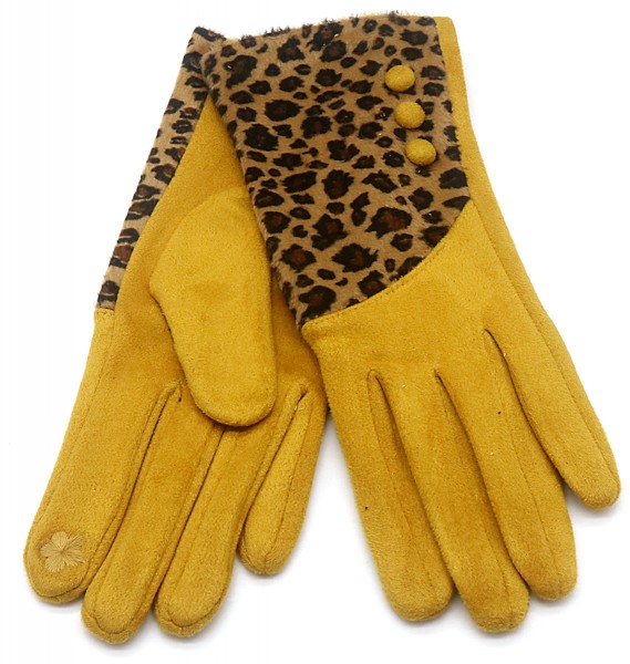 Gele handschoenen met knopjes en luipaardprint
