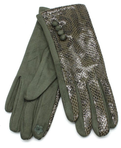 Kakigroene handschoenen met knopjes en slangenprint