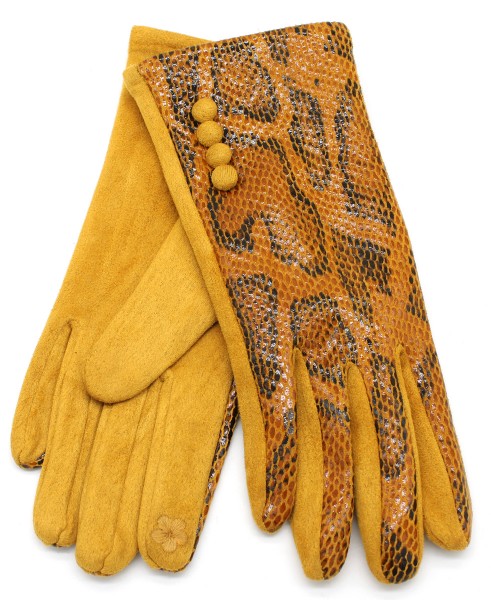 Okergele handschoenen met knopjes en slangenprint