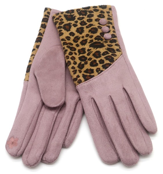 Oudroze handschoenen met knopjes en luipaardprint