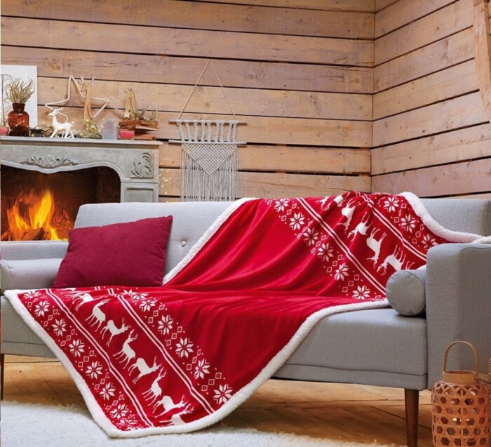 Sherpa deken rood met wit - rendieren (1)