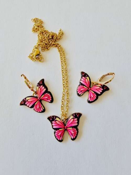Juwelenset vlinder fuchsia roze