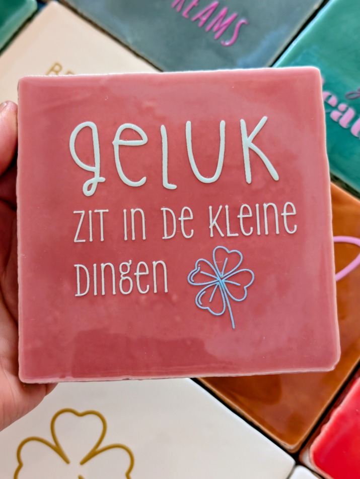 Tegel - Geluk zit in de kleine dingen - Roze met lichtgroen