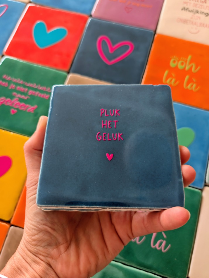 Tegel - Pluk het geluk - Donkerblauw met fuchsia