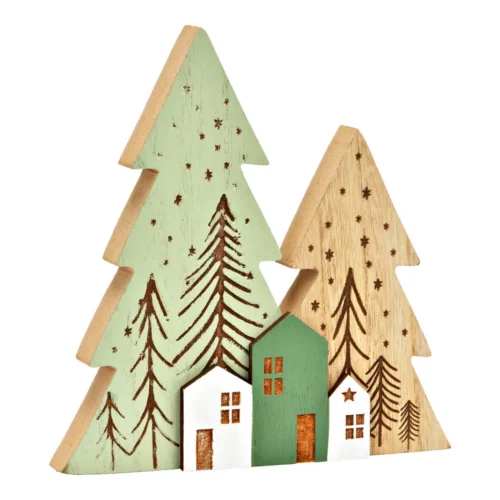 Kerstboom met huizen van hout, groen en bruin - 17x18x2cm