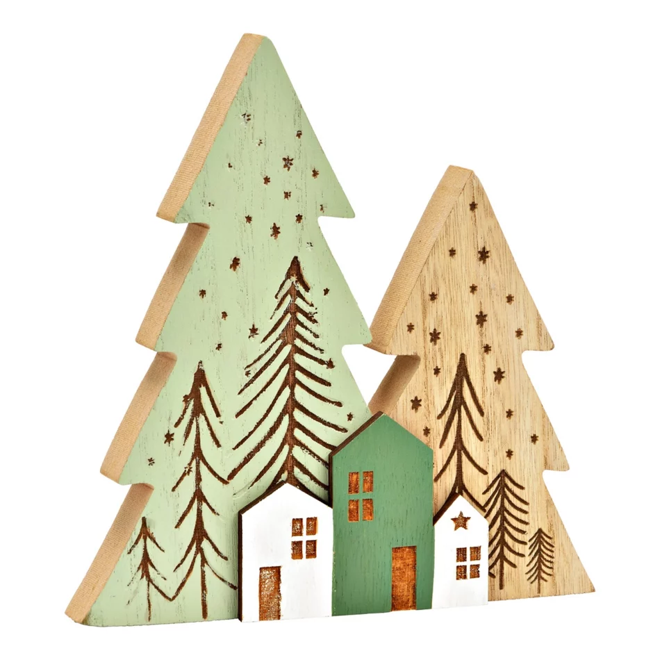 Kerstboom met huizen van hout, groen en bruin - 17x18x2cm