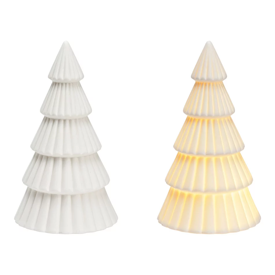 Kerstboom met verlichting op batterijen - porselein wit 9x16x9cm